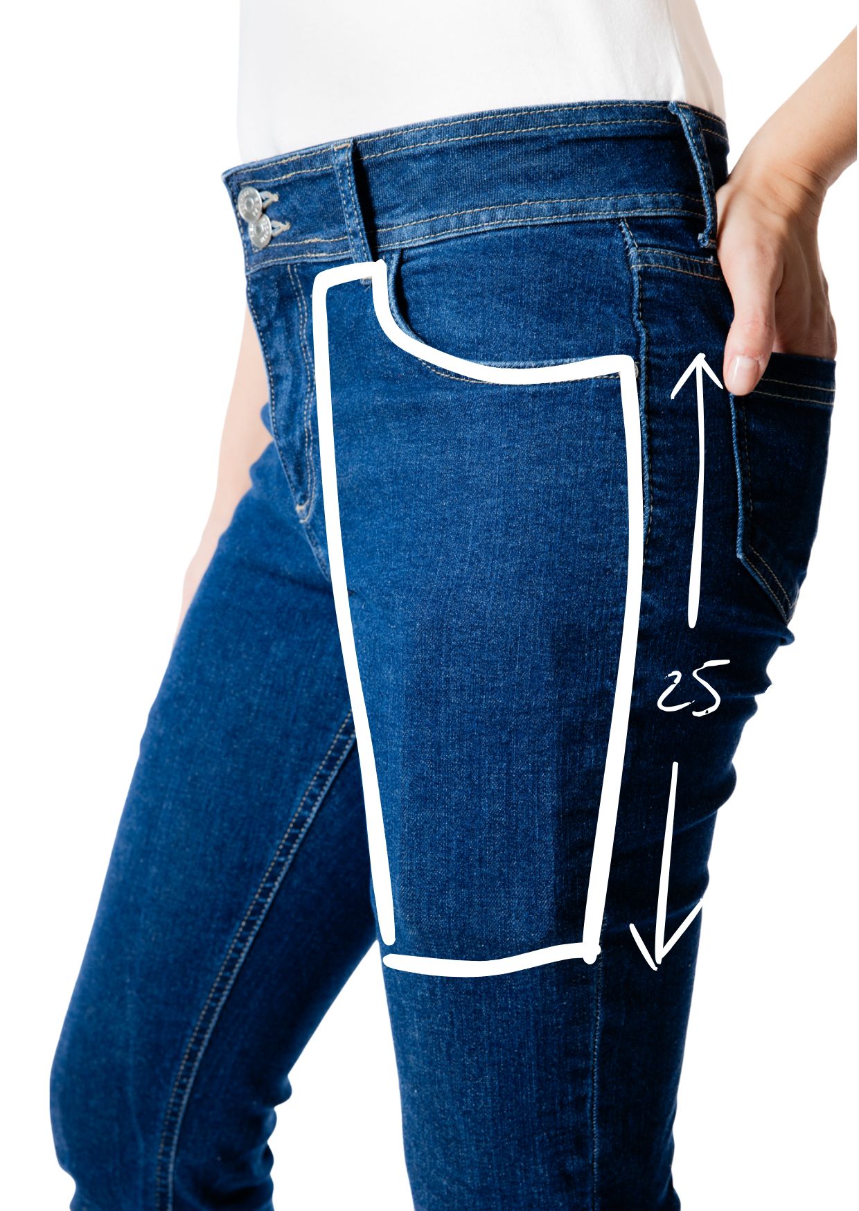 Jeans mit großer Hosentasche. Ein Umriss zeigt die Größe des Taschenbeutels.